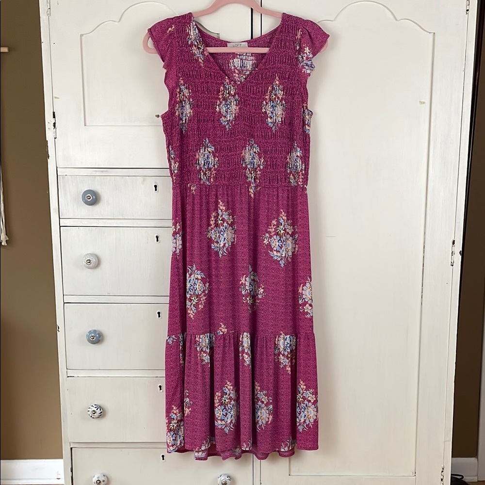 LOFT Pink Flutter Sleeve Sundress smocked midi Petite M